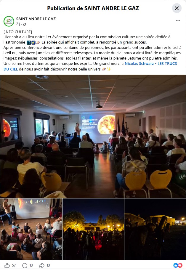 Publication officielle de la mairie de 
    Saint-André-le-Gaz suite à la soirée astronomie